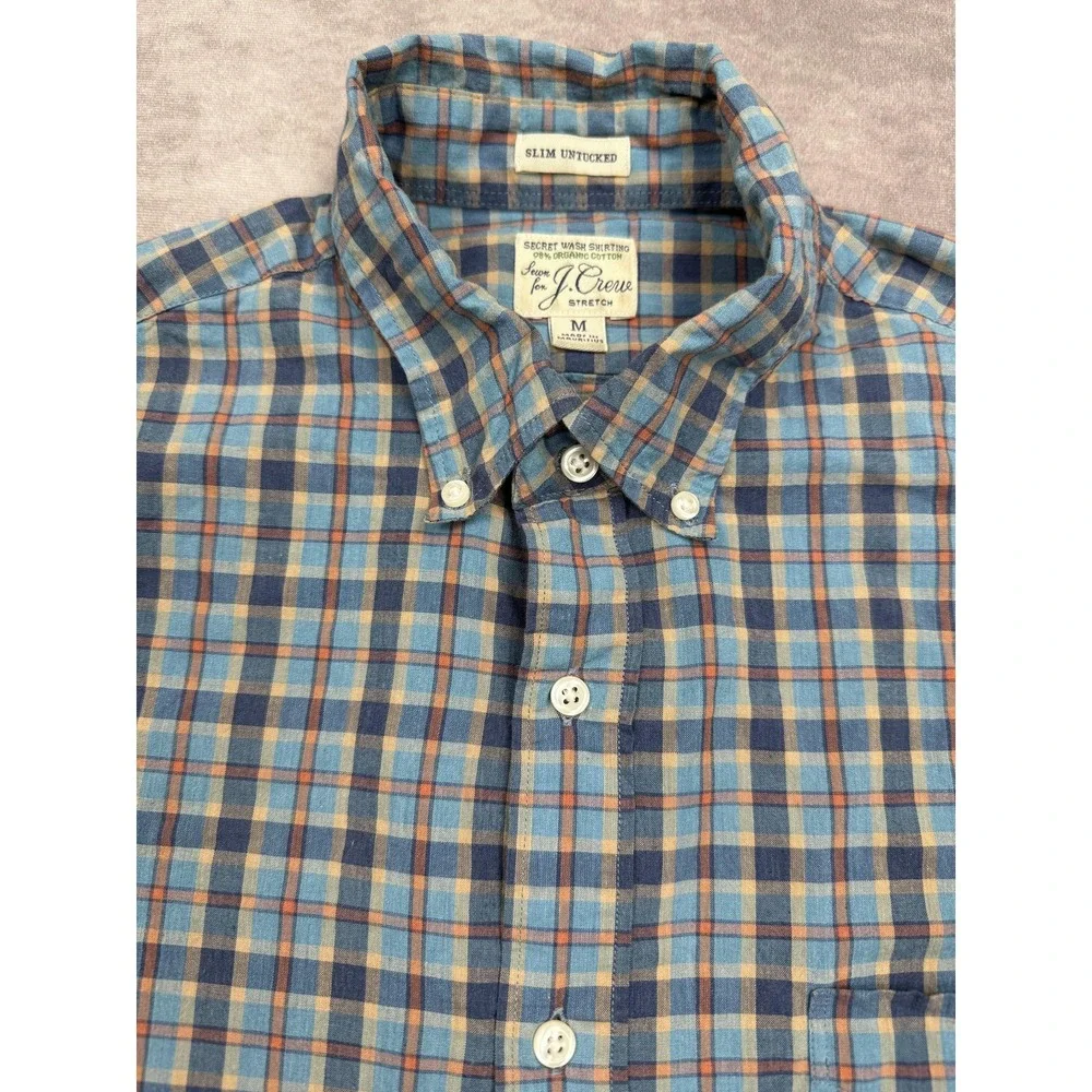 J Crew Shirt Mens Medium Blue Plaid Slim Untucked Organic Cotton‎ Stretch Casual